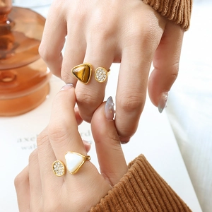 Gold plated titanium steel open rings with tiger eye stone and mother of pearl inlay