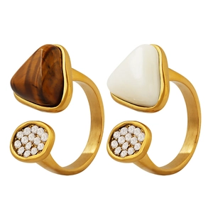 Unisex gold brushed open rings with tiger eye and white agate stones in a split layout