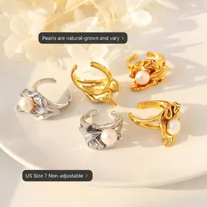5-piece gold and silver irregular lava rings set with freshwater pearls in US size 7