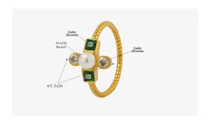 Macro shot of gold titanium ring with green square crystal and white pearl detail