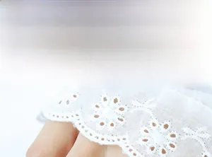 Detailed close-up of white floral embroidery and scalloped edges on a lace ring
