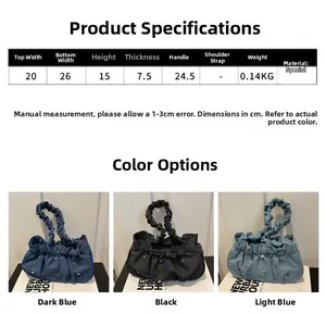 Detailed size chart and three color options for the ruched denim shoulder bag