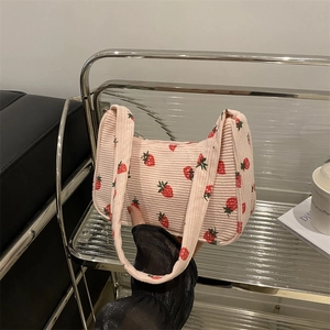 Sac Sous le Bras en Velours Côtelé pour Femmes Mode Douce Impression Fraise Sac à Épaule Style Coréen Décontracté