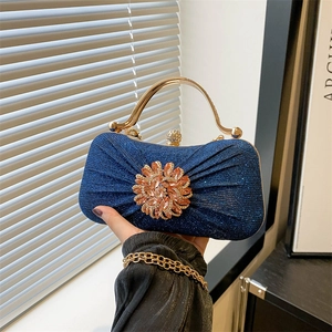 Sac de Soirée Plissé à Paillettes pour Femmes Avec Fleur en Strass Poignée en Métal Doré Pochette Bandoulière pour Mariage Fête