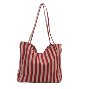 Minimalist red and white striped canvas tote bag with large capacity for shopping