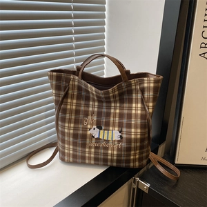 Women Retro Plaid Tote Bag Canvas PU Leather Spacious Crossbody Handbag With Cartoon Dog Embroidery For Daily Commute