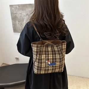 Women's plaid tote bag with animal embroidery and large capacity for casual commute