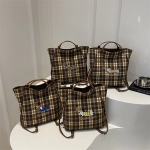 Versatile plaid tote bag with dachshund embroidery and multifunctional straps for women