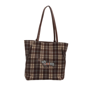 Classic plaid tote bag with dachshund embroidery and adjustable brown shoulder strap
