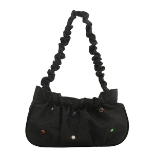 Black ruched cloud shoulder bag featuring colorful rhinestone studs and textured fabric