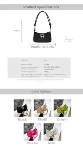 Detailed size specifications and five color variants of the bow-decorated PU shoulder bag