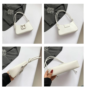 Detailed views of a white underarm bag featuring a silver butterfly buckle and knotted straps