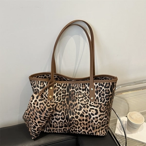 Korean Fashion Leopard Print Tote And Pouch For Women Large Capacity PU Leather Shoulder Bag Casual Khaki Brown Tote Bag