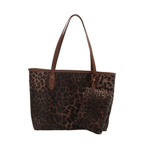 Fashionable leopard print large tote bag with matching pouch and brown handles
