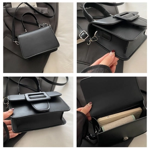 Detailed views of a black mini square crossbody bag showing texture, strap, and interior
