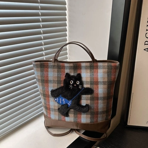 Sac Cabas À Carreaux Pour Femmes Grande Capacité Toile PU Épissage Dessin Animé Ours Chien Chat Patch Sac À Main Épaule