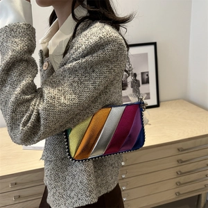 Rainbow striped crossbody bag with silver studs and metal chain strap for women