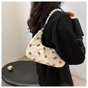 Japanese style corduroy underarm bag with strawberry print and pearl chain strap