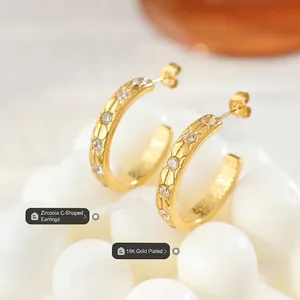 18K gold-plated C-shaped earrings with starburst zircon insets and flat wide design