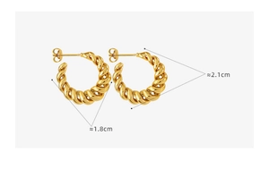 Detailed size view of golden twisted texture hoop earrings measuring 1.8cm by 2.1cm