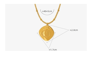 Detail of French embossed portrait pendant necklace with golden beaded chain and dimensions