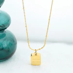 Gold titanium steel necklace with rectangular geometric pendant and 40+5cm extension chain