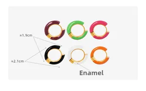 Detail of 1.9cm and 2.1cm colorful enamel C-shape hoop earrings in six vibrant colors