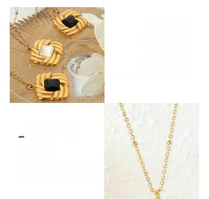 Macro shot of 18K gold plated titanium chain and square cat eye stone jewelry set
