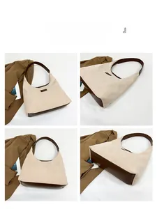 Detail view of large corduroy tote bag with brown leather strap from four angles