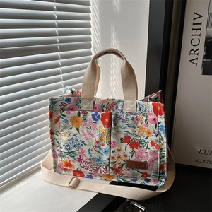 Aesthetic Floral Canvas Tote Bag For Women Korean Minimalist Shoulder Crossbody Bag Daily Commute Large Capacity Bag