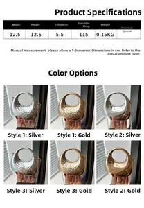 Detailed size chart of hard shell evening bag with gold and silver hammered textures
