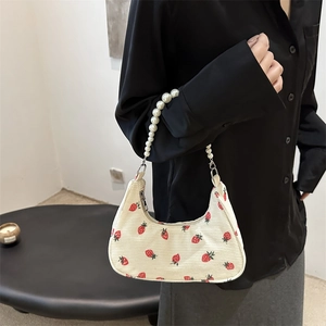 French style corduroy hobo bag with strawberry print and pearl chain strap