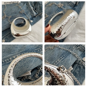 Detailed views of a silver metallic mini chain bag with mirror finish and hammer texture
