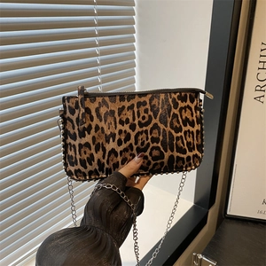 Fashionable leopard print chain crossbody bag with metallic silver studs and PU leather