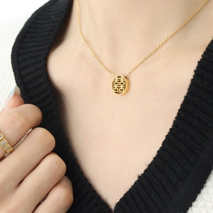Titanium Steel Necklace With Hollow Circular Double Happiness Xi Character Pendant Chinese Style Retro Ethnic Jewelry For Women