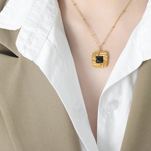 French Vintage Jewelry Titanium Steel 18K Gold Plated Square Geometric Cat Eye Glass Stone Necklace And Earrings Women