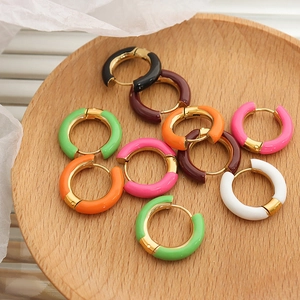 Colorful Enamel Hoop Earrings Titanium Steel Gold Plated Geometric Retro Round C Shaped Ear Buckles Trendy Jewelry Women