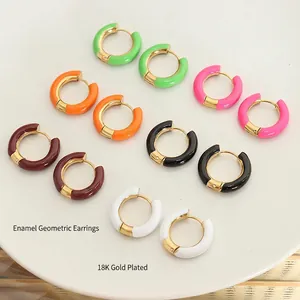 Colorful enamel geometric hoop earrings with 18K gold plating in multiple vibrant shades