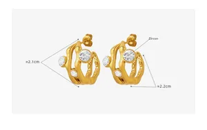 Detailed view of triple-layered gold earrings with zircons measuring 2.1-2.2cm