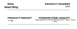 Detailed specifications for heart-shaped ring with zircon and steel material info