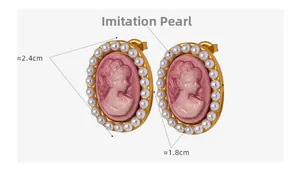 Detail of vintage oval cameo earrings with pink female profile and imitation pearls