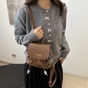 Vintage plaid patchwork mini backpack in brown PU leather with Fashion lettering