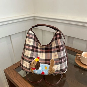 Women Plaid Crossbody Bag Cartoon Dog Embroidery Large Capacity PU Fabric Shoulder Tote Bag Fashion Travel School Bag