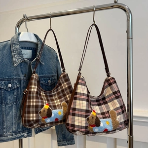 Plaid hobo shoulder bag with cute puppy patch and slim brown strap for women