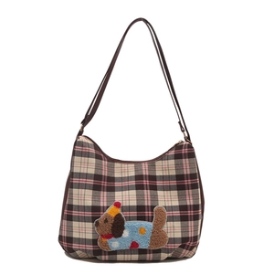 Women's plaid crossbody tote bag with cartoon puppy patch and adjustable strap on white background