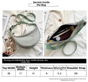 Size chart and capacity detail for the nylon crescent crossbody bag in mint green