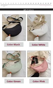 Detail view of crescent nylon crossbody bags in black, white, green, and pink colors