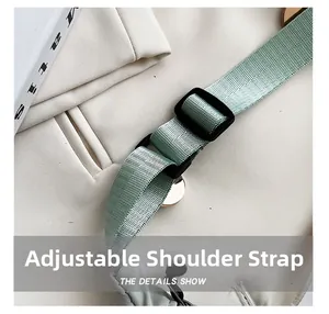 Detail showing adjustable mint green nylon shoulder strap with gold metal buckles