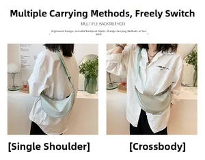 Dual-view showing light green nylon moon bag worn as both shoulder and crossbody style