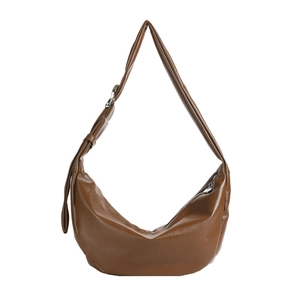 Brown vintage half-moon PU leather shoulder bag with adjustable strap and silver zipper